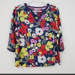 BODEN Floral Print Pop Art Crinkle Cotton 3/4 Sleeve Tunic Top sz 14 V Neck RARE